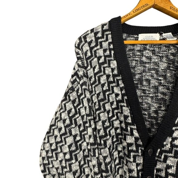 Vintage Black and White Grandpa Cardigan, Oversized Button-Up Knit Sweater, Soft - Picture 3 of 5